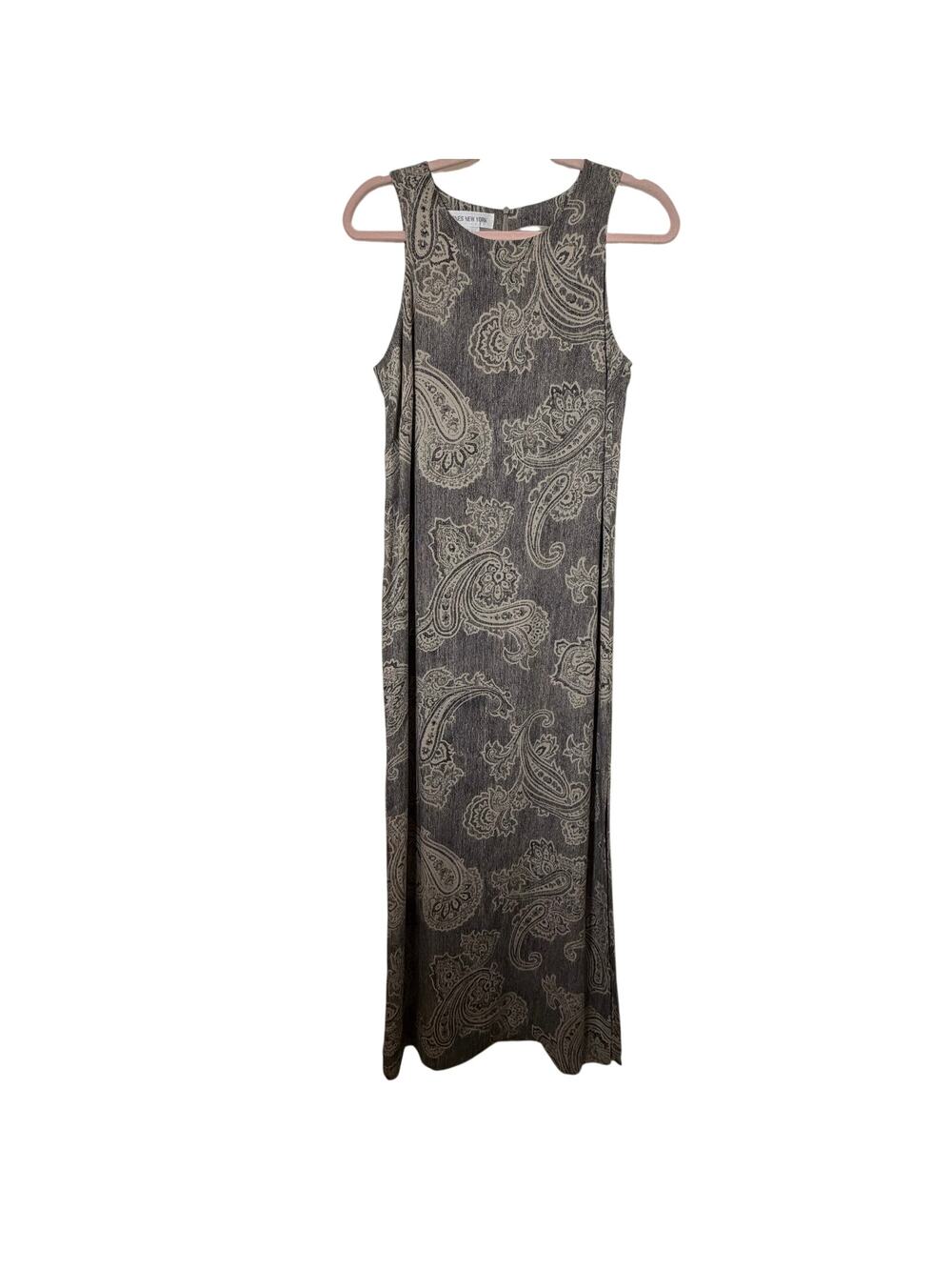 Sz 10 Vtg Jones New York 100% Silk Paisley Maxi Dress Taupe Black Boho Luxe Chic